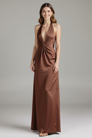 Fourreau café satin dos nu robe longue formelle
